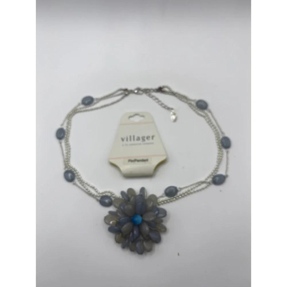 Villager Grey Blue Floral‎ Cluster Multi Strand Necklace Silver Tone 15 Inch